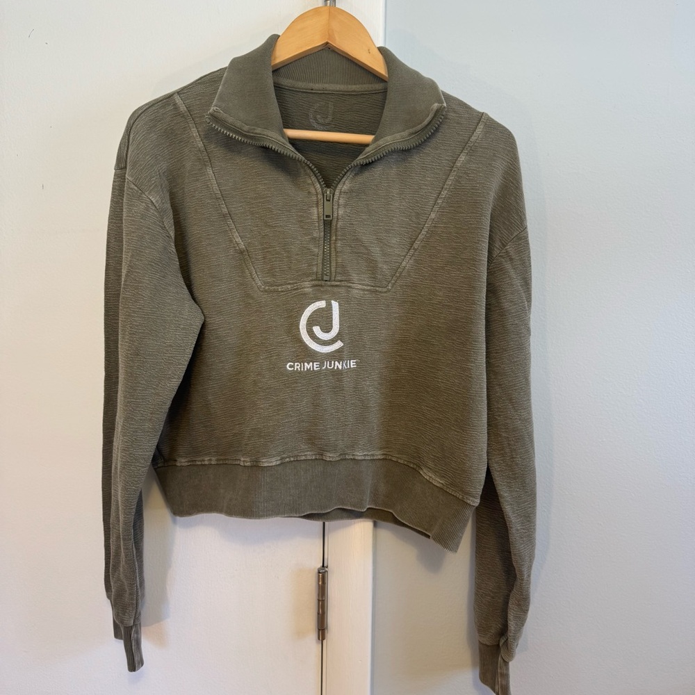 Crime Junkie Olive Green Half-Zip Sweatshirt. Size medium